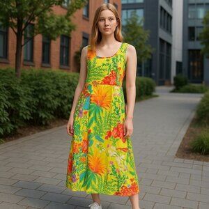 Jams World Yellow Tropical Floral Dress Sleeveless Pockets Summer Resort Medium